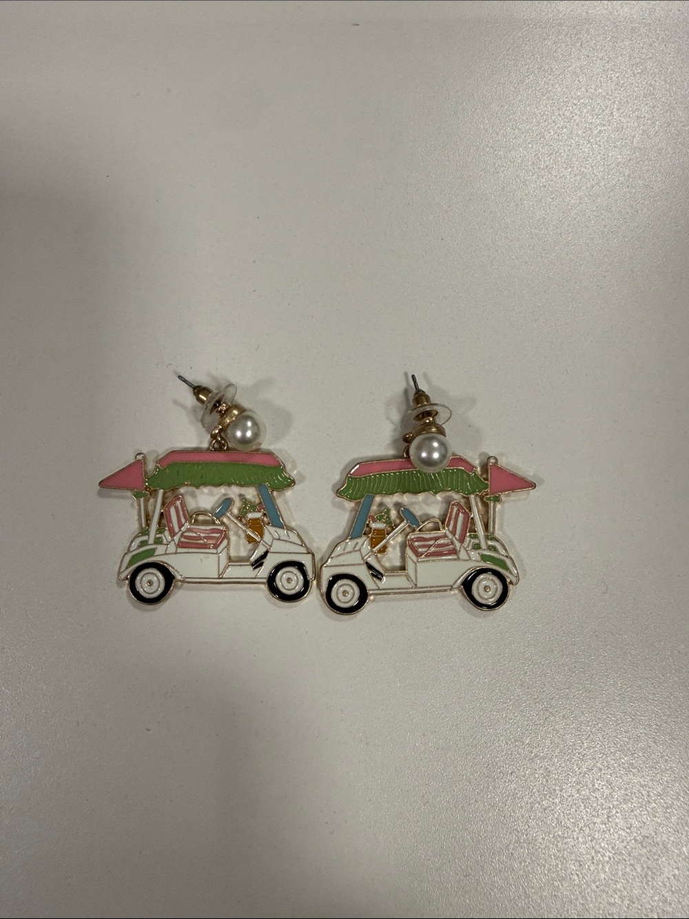Cute Golf Cart Dangle Earrings in Pink, Green, White